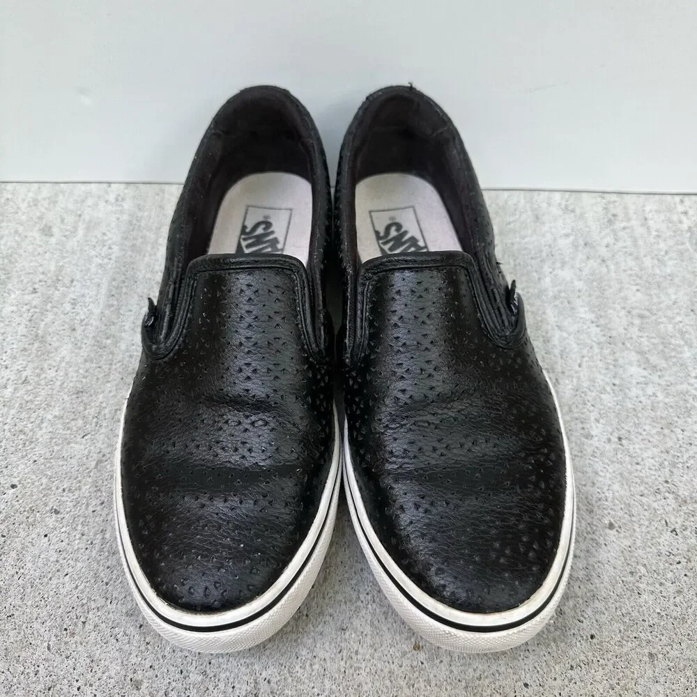 Vans Asher Slip On Shoes Womens 7 Black Perforated Leather Sneaker 721356 Skater